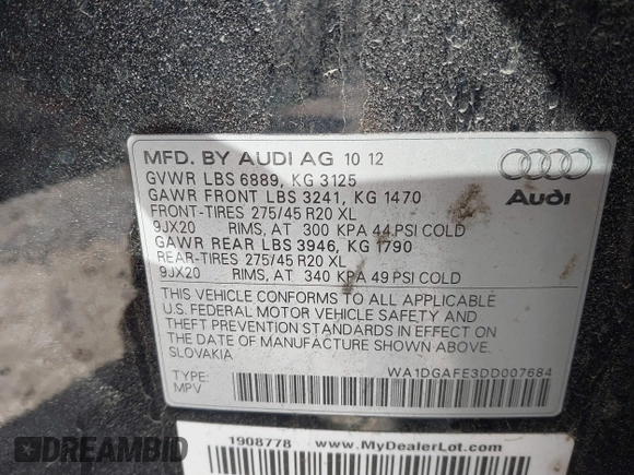 2013 Audi Q7 3.0T S line Prestige with VIN WA1DGAFE3DD007684, listed as a IAAI auction lot 41874449 with 159,713 mi miles. Bid and sale history available at carsss.com. Image 9.