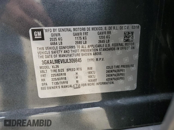2018 GMC Terrain SLE with VIN 3GKALMEV8JL309845, listed as a Copart auction lot 54070435 with 64,224 mi miles and Salvage Title. Bid and sale history available at carsss.com. Image 13.