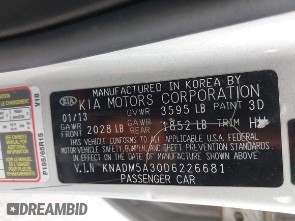 2013 Kia Rio LX with VIN KNADM5A30D6226681, listed as a IAAI auction lot 41657362 with 127,569 mi miles. Bid and sale history available at carsss.com. Image 9.