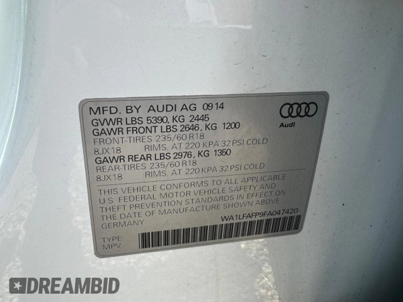 2015 Audi Q5 Premium Plus with VIN WA1LFAFP9FA04742, listed as a Copart auction lot 56562365 with 180,335 mi miles and Clean title. Bid and sale history available at DreamBid. Image 10.