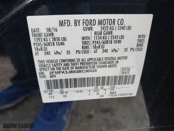 2016 Ford Edge SEL with VIN 2FMPK3J89GBC30025, listed as a IAAI auction lot 41509345 with 84,671 mi miles. Bid and sale history available at carsss.com. Image 9.
