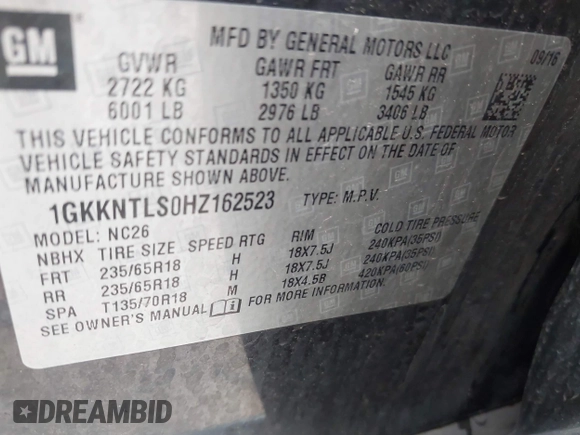 2017 GMC Acadia SLE with VIN 1GKKNTLS0HZ162523, listed as a IAAI auction lot 42515107 with 121,123 mi miles and . Bid and sale history available at DreamBid. Image 9.