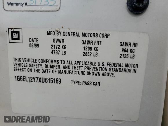 1999 Cadillac Eldorado z VIN 1G6EL12Y7XU615169, wystawiony jako Copart lot #76459744 z przebiegiem Nie podano mil oraz Szkoda całkowita • Salvage title. Historia ofert i sprzedaży dostępna na DreamBid. Obrazek 13.