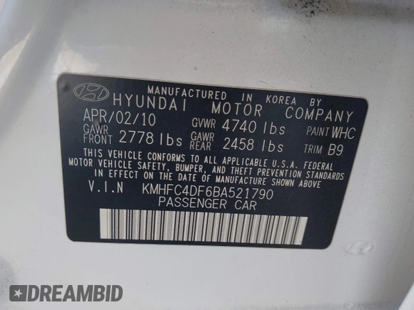 2011 Hyundai Azera Limited with VIN KMHFC4DF6BA521790, listed as a IAAI auction lot 42176922 with Not provided miles and . Bid and sale history available at DreamBid. Image 9.