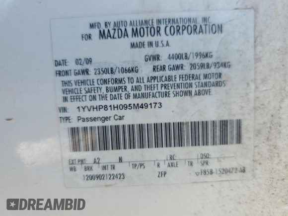 2009 Mazda 6 i Sport with VIN 1YVHP81H095M49173, listed as a Copart auction lot 86125864 with 152,056 mi miles and Salvage Title. Bid and sale history available at carsss.com. Image 13.