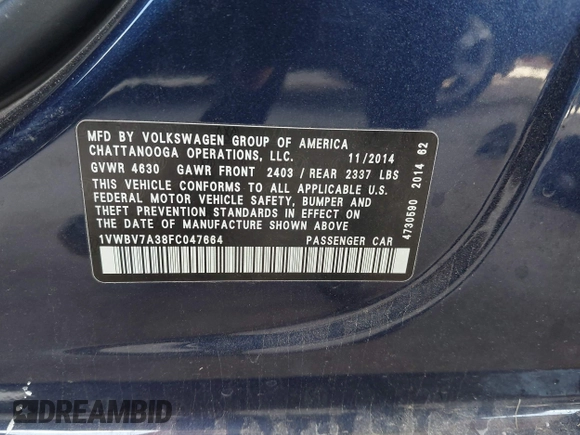 2015 Volkswagen Passat SE с VIN 1VWBV7A38FC047664, выставлен на аукционе IAAI как лот 42323467 с пробегом 225 663 миль миль и . История ставок и продаж доступна на DreamBid. Изображение 9.