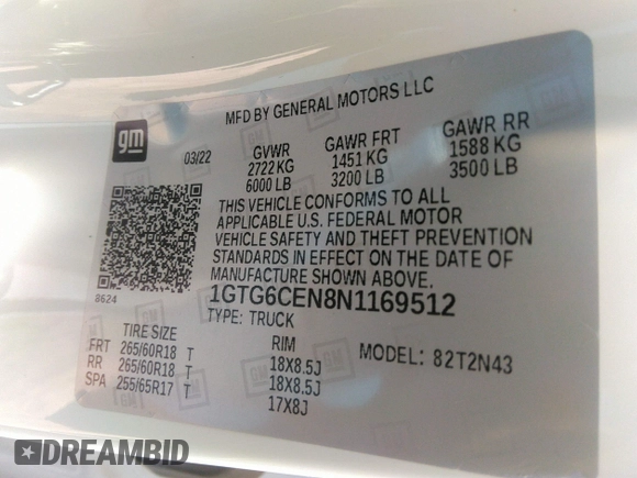 2022 GMC Canyon 4WD Elevation z VIN 1GTG6CEN8N1169512, wystawiony jako IAAI lot #42015869 z przebiegiem 60 159 mil mil oraz . Historia ofert i sprzedaży dostępna na DreamBid. Obrazek 9.