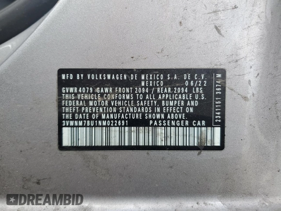 2022 Volkswagen Jetta z VIN 3VWNM7BU1NM022691, wystawiony jako Copart lot #81327324 z przebiegiem Nie podano mil oraz Szkoda całkowita • Salvage title. Historia ofert i sprzedaży dostępna na DreamBid. Obrazek 12.