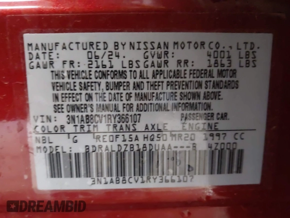 2024 Nissan Sentra SV with VIN 3N1AB8CV1RY366107, listed as a IAAI auction lot 41714847 with 7,983 mi miles and . Bid and sale history available at DreamBid. Image 9.