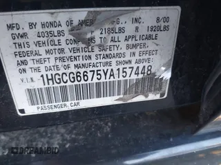 2000 Honda Accord EX z VIN 1HGCG6675YA157448, wystawiony jako IAAI lot #41766455 z przebiegiem Nie podano mil oraz . Historia ofert i sprzedaży dostępna na DreamBid. Obrazek 9.