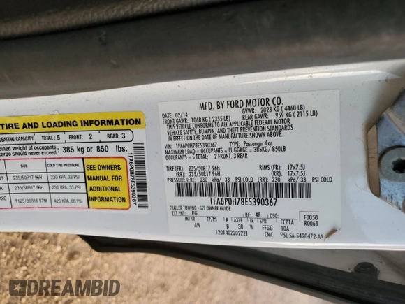 2014 Ford Fusion SE with VIN 1FA6P0H78E5390367, listed as a Copart auction lot 49650375 with 128,979 mi miles and Salvage Title. Bid and sale history available at DreamBid. Image 14.