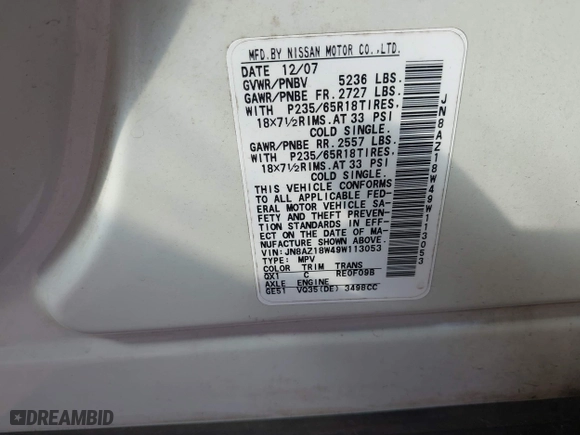 2009 Nissan Murano SL with VIN JN8AZ18W49W113053, listed as a IAAI auction lot 41733283 with 136,229 mi miles. Bid and sale history available at carsss.com. Image 9.
