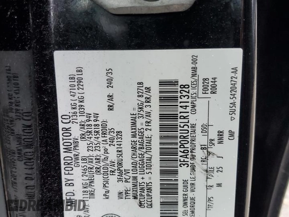 2020 Ford Fusion Titanium with VIN 3FA6P0RU5LR141328, listed as a Copart auction lot 55718165 with 94,536 mi miles and Non repairable. Bid and sale history available at DreamBid. Image 12.