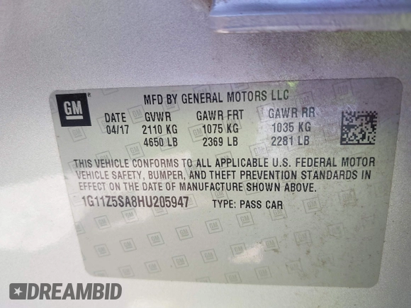 2017 Chevrolet Impala LS with VIN 1G11Z5SA8HU205947, listed as a IAAI auction lot 41826385 with 24,311 mi miles and . Bid and sale history available at DreamBid. Image 9.