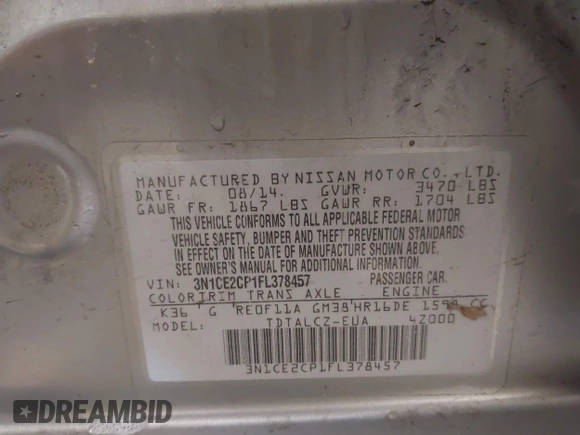 2015 Nissan Note SV with VIN 3N1CE2CP1FL378457, listed as a IAAI auction lot 42018986 with 126,393 mi miles and . Bid and sale history available at DreamBid. Image 9.