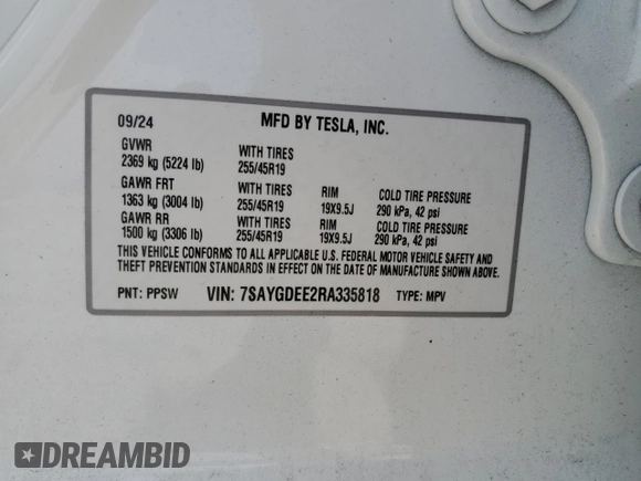 2024 Tesla Model Y Long Range with VIN 7SAYGDEE2RA335818, listed as a Copart auction lot 48821475 with 4,415 mi miles and Salvage Title. Bid and sale history available at DreamBid. Image 14.