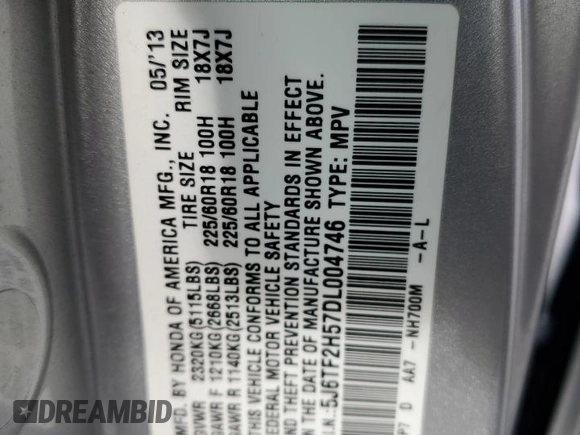 2013 Honda Crosstour EX-L with VIN 5J6TF2H57DL004746, listed as a Copart auction lot 77997274 with 0 mi miles and Salvage Title. Bid and sale history available at carsss.com. Image 13.