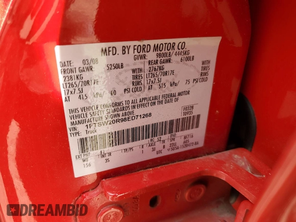 2008 Ford F-250 XL with VIN 1FTSW20R98ED71268, listed as a Copart auction lot 50591805 with 344,457 mi miles and Salvage title. Bid and sale history available at DreamBid. Image 15.