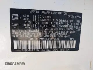 2024 Subaru Ascent Limited with VIN 4S4WMARD0R3423839, listed as a IAAI auction lot 40558766 with Not provided miles and . Bid and sale history available at DreamBid. Image 9.
