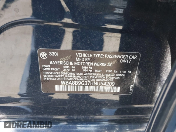 2017 BMW 3 Series 330i with VIN WBA8B9G37HNU54209, listed as a IAAI auction lot 42714703 with 55,024 mi miles and . Bid and sale history available at DreamBid. Image 9.