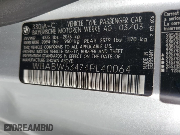 2004 BMW 3 Series 330Ci with VIN WBABW53474PL40064, listed as a Copart auction lot 54555755 with 122,820 mi miles and Salvage title. Bid and sale history available at DreamBid. Image 12.