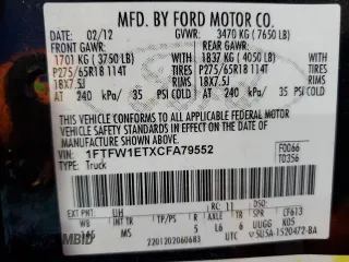 2012 Ford F-150 XL with VIN 1FTFW1ETXCFA79552, listed as a Copart auction lot 47352685 with 176,559 mi miles and Salvage Title. Bid and sale history available at carsss.com. Image 12.