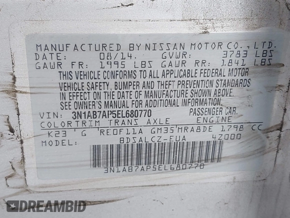 2014 Nissan Sentra S with VIN 3N1AB7AP5EL680770, listed as a IAAI auction lot 42196592 with 88,599 mi miles and . Bid and sale history available at DreamBid. Image 9.