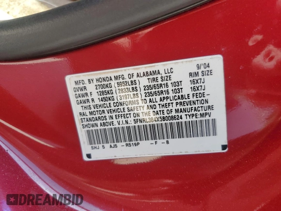 2005 Honda Odyssey EX with VIN 5FNRL384X5B008624, listed as a Copart auction lot 51298165 with 148,279 mi miles and Salvage Title. Bid and sale history available at carsss.com. Image 13.