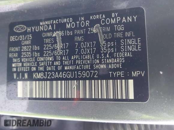 2016 Hyundai Tucson SE z VIN KM8J23A46GU159072, wystawiony jako IAAI lot #41915407 z przebiegiem 161 732 mil mil oraz . Historia ofert i sprzedaży dostępna na DreamBid. Obrazek 9.