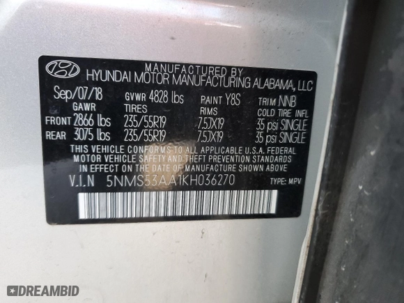 2019 Hyundai Santa Fe Limited with VIN 5NMS53AA1KH036270, listed as a Copart auction lot 88926935 with 0 mi miles and Salvage Title. Bid and sale history available at carsss.com. Image 13.