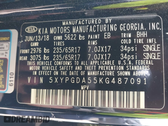 2019 Kia Sorento LX V6 with VIN 5XYPGDA55KG487091, listed as a IAAI auction lot 42007536 with 94,711 mi miles. Bid and sale history available at carsss.com. Image 9.