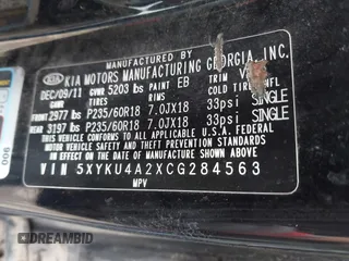 2012 Kia Sorento EX with VIN 5XYKU4A2XCG284563, listed as a IAAI auction lot 41753526 with 206,900 mi miles. Bid and sale history available at carsss.com. Image 9.