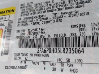 2020 Ford Fusion SE with VIN 3FA6P0HD5LR235064, listed as a IAAI auction lot 41664390 with 38,473 mi miles. Bid and sale history available at carsss.com. Image 9.