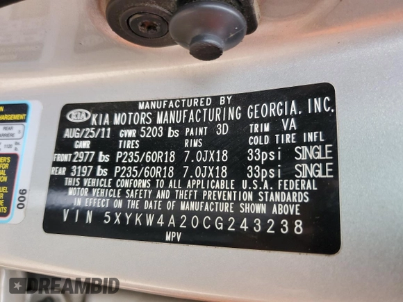 2012 Kia Sorento SX with VIN 5XYKW4A20CG243238, listed as a Copart auction lot 57533915 with 174,954 mi miles and Salvage title. Bid and sale history available at DreamBid. Image 13.
