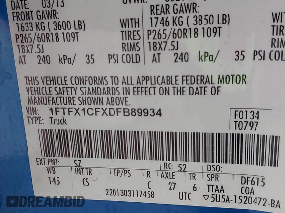 2013 Ford F-150 XL with VIN 1FTFX1CFXDFB89934, listed as a IAAI auction lot 41293885 with 147,871 mi miles. Bid and sale history available at carsss.com. Image 9.