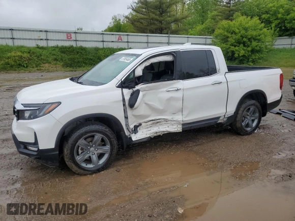 2023 Honda Ridgeline RTL-E with VIN 5FPYK3F78PB015187, listed as a Copart auction lot 57655465 with 57,704 mi miles and Salvage title. Bid and sale history available at DreamBid. Image 1.