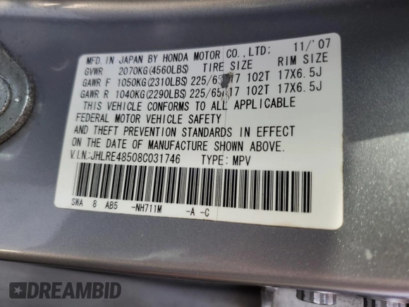 2008 Honda CR-V EX with VIN JHLRE48508C031746, listed as a Copart auction lot 54352465 with 231,250 mi miles and Salvage Title. Bid and sale history available at DreamBid. Image 13.