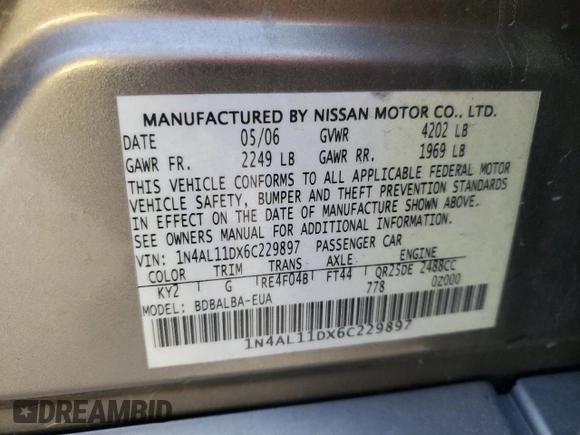 2006 Nissan Altima 2.5 S with VIN 1N4AL11DX6C229897, listed as a Copart auction lot 51156175 with 185,002 mi miles and Salvage Title. Bid and sale history available at carsss.com. Image 15.