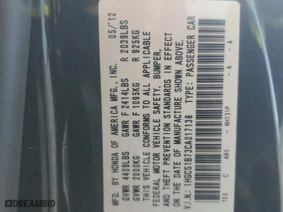 2012 Honda Accord Cpe EX with VIN 1HGCS1B73CA017138, listed as a Copart auction lot 51348615 with NaN miles and Non Repairable. Bid and sale history available at carsss.com. Image 13.