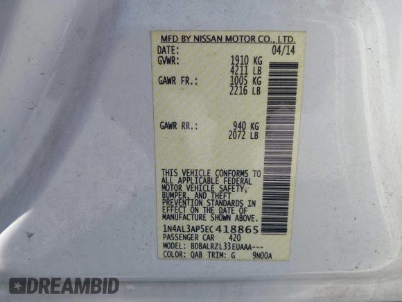 2014 Nissan Altima 2.5 with VIN 1N4AL3AP5EC418865, listed as a IAAI auction lot 41693976 with 117,934 mi miles. Bid and sale history available at carsss.com. Image 9.