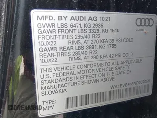 2022 Audi Q8 Premium Plus with VIN WA1EVBF18ND007050, listed as a IAAI auction lot 41863552 with 18,523 mi miles. Bid and sale history available at carsss.com. Image 9.
