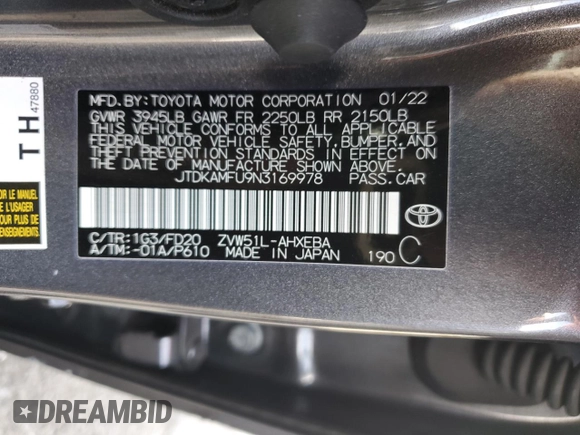 2022 Toyota Prius L Eco with VIN JTDKAMFU9N3169978, listed as a Copart auction lot 51473665 with 52,688 mi miles and Salvage Title. Bid and sale history available at carsss.com. Image 14.