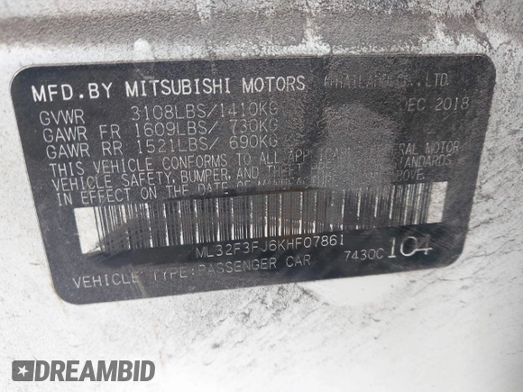 2019 Mitsubishi Mirage ES с VIN ML32F3FJ6KHF07861, выставлен на аукционе IAAI как лот 42391776 с пробегом 43 848 миль миль и . История ставок и продаж доступна на DreamBid. Изображение 9.