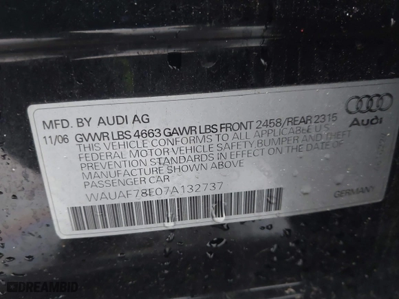 2007 Audi A4 2.0T with VIN WAUAF78E07A132737, listed as a IAAI auction lot 41574347 with 84,179 mi miles. Bid and sale history available at carsss.com. Image 9.