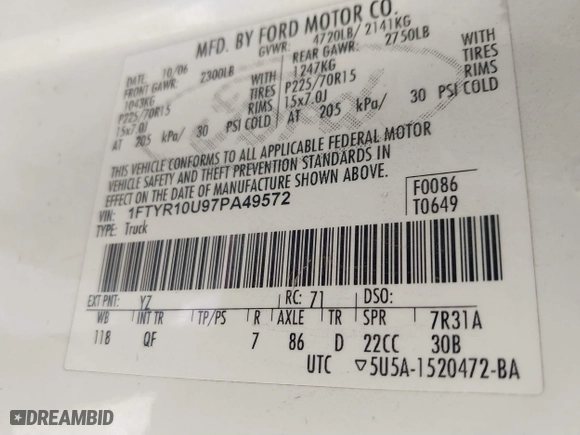 2007 Ford Ranger XL with VIN 1FTYR10U97PA49572, listed as a IAAI auction lot 41514254 with 223,015 mi miles. Bid and sale history available at carsss.com. Image 9.