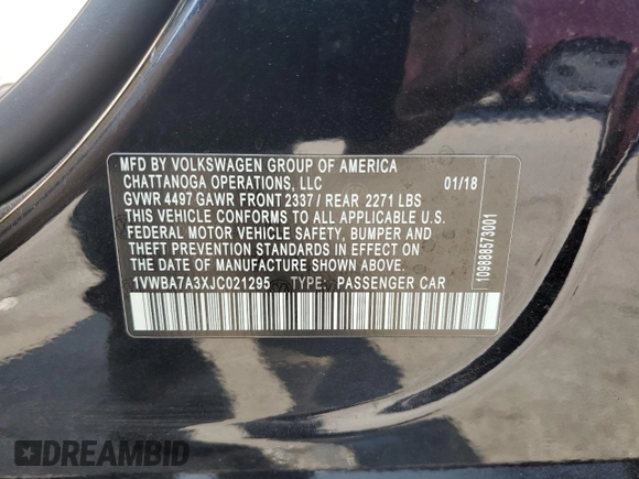 2018 Volkswagen Passat SE с VIN 1VWBA7A3XJC021295, выставлен на аукционе Copart как лот 60240625 с пробегом 33 986 миль миль и Списание • Salvage title. История ставок и продаж доступна на DreamBid. Изображение 12.