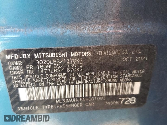 2022 Mitsubishi Mirage ES with VIN ML32AUHJ6NH001093, listed as a Copart auction lot 60275145 with 51,061 mi miles and Salvage title. Bid and sale history available at DreamBid. Image 12.