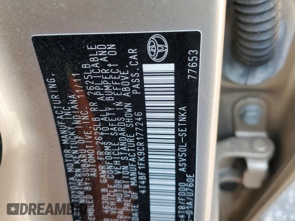 2012 Toyota Camry L with VIN 4T4BF1FK9CR177246, listed as a Copart auction lot 48758815 with 0 mi miles and Salvage Title. Bid and sale history available at carsss.com. Image 12.