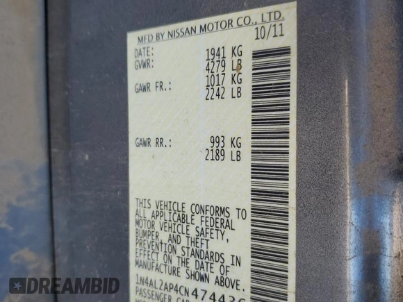 2012 Nissan Altima S with VIN 1N4AL2AP4CN474436, listed as a Copart auction lot 55471185 with 85,773 mi miles and Salvage Title. Bid and sale history available at DreamBid. Image 12.