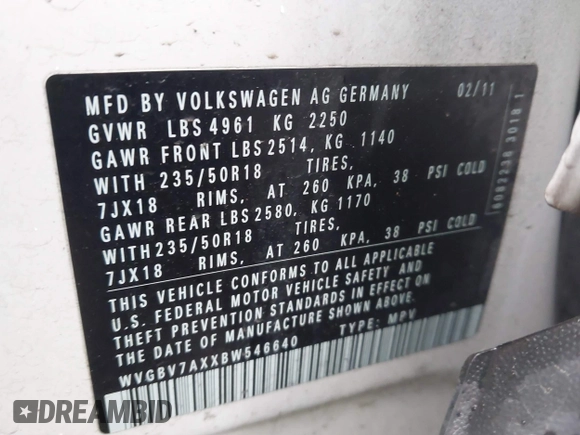 2011 Volkswagen Tiguan SE with VIN WVGBV7AXXBW546640, listed as a IAAI auction lot 41665036 with 106,071 mi miles and . Bid and sale history available at DreamBid. Image 9.